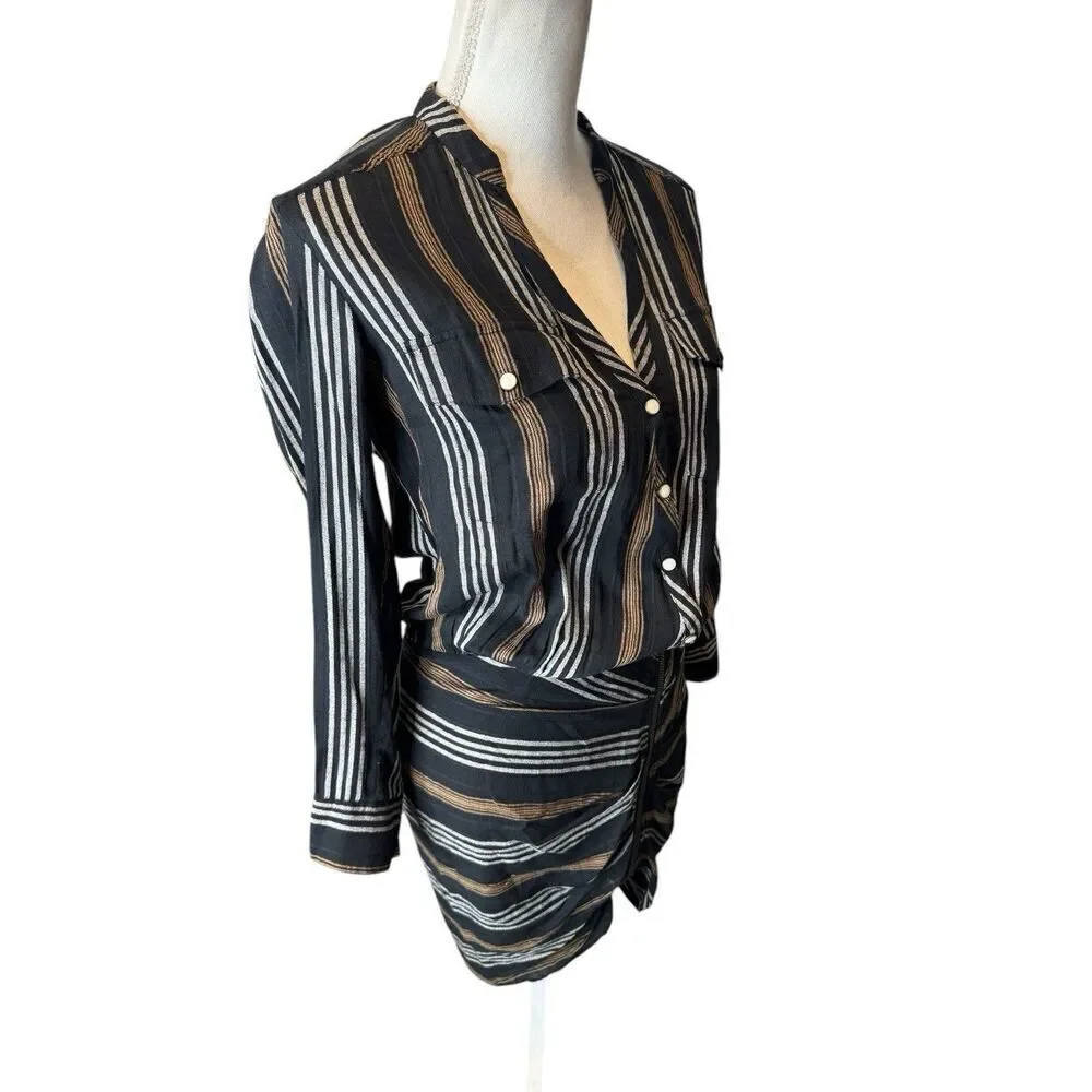 Revolve VERONICA BEARD Emory Ruched Cargo Shirt Dress Striped Black Multi Size 0